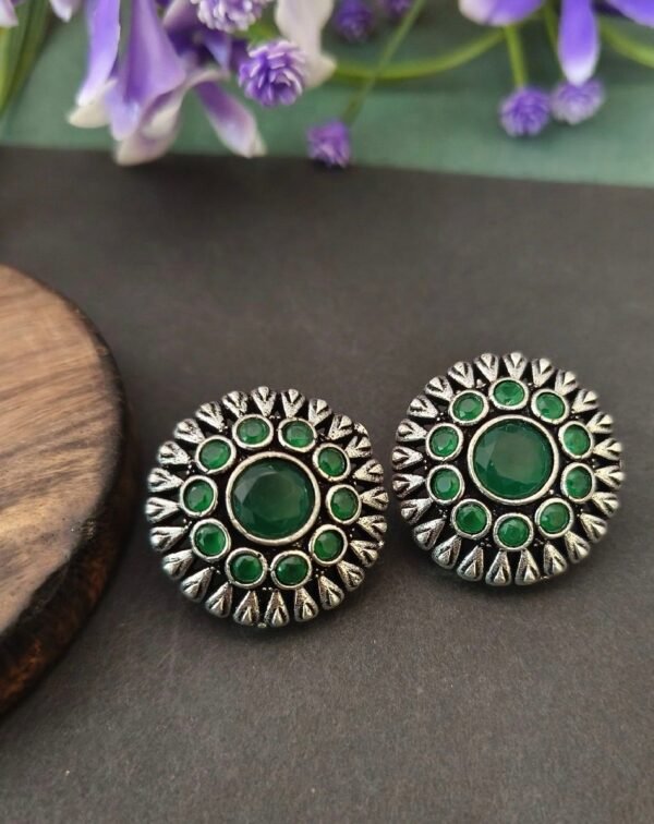 Round Green Oxidized Silver Studs