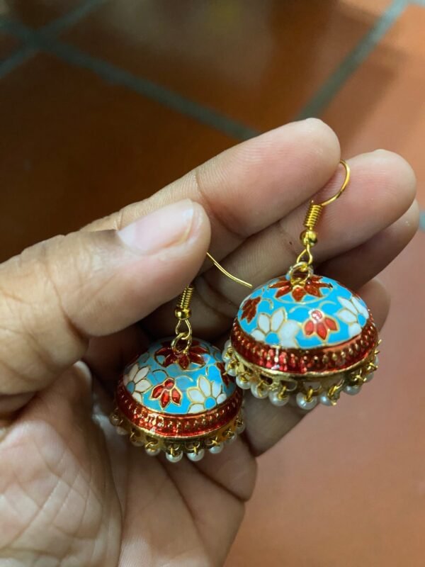 Dainty Colourful Meenakari Jhumkas - light blue
