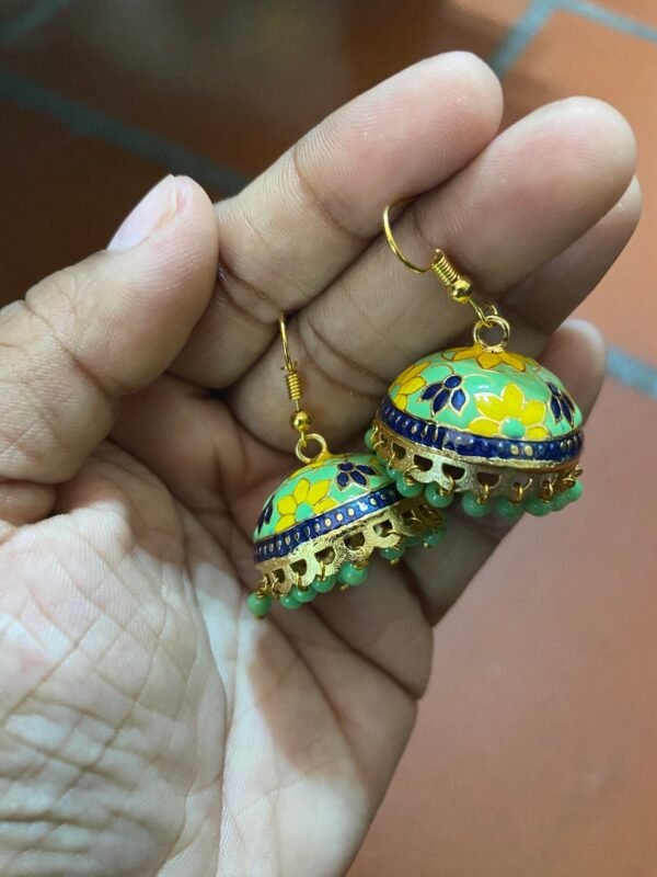 Dainty Colourful Meenakari Jhumkas - Mint