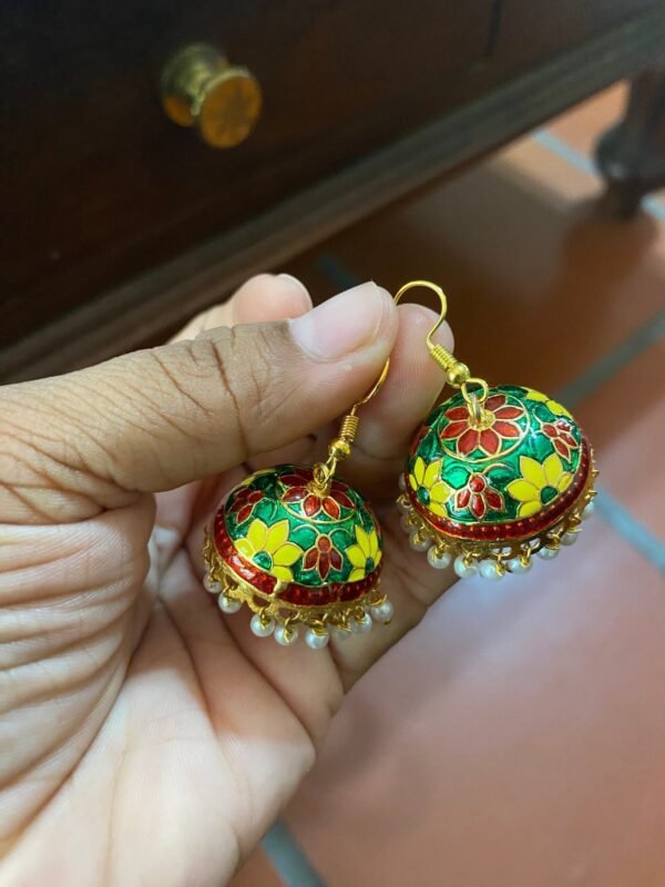 Dainty Colourful Meenakari Jhumkas - Dark Green