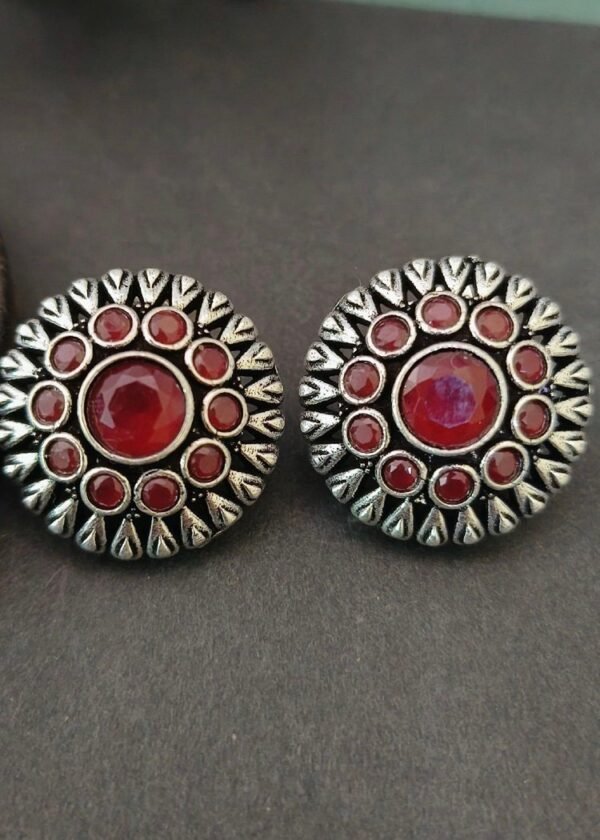 Round Red Oxidized Silver Studs