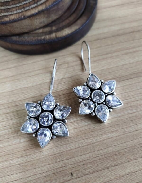 White stone floral oxidised silver hanging earring