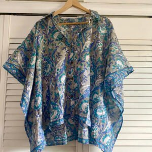 Soft Mul-Cotton Kaftan Shirt-Floral Block Print from Rajasthan- Blue and Grey