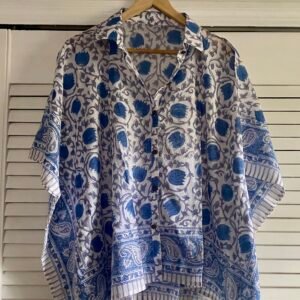 Soft Mul-Cotton Kaftan Shirt-Floral Block Print from Rajasthan- White and blue