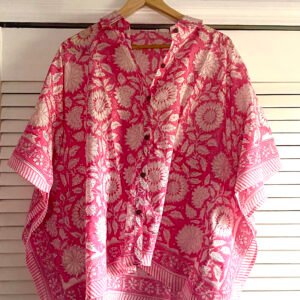 Soft Mul-Cotton Kaftan Shirt-Floral Block Print from Rajasthan- Hot pink and cream