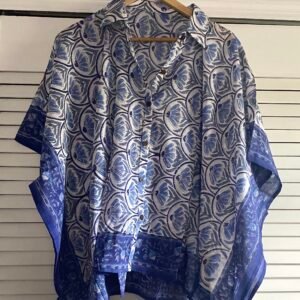 Soft Mul-Cotton Kaftan Shirt-Floral Block Print from Rajasthan- White and Blue