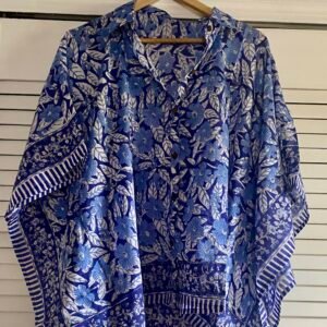 Soft Mul-Cotton Kaftan Shirt-Floral Block Print from Rajasthan- Indigo Blue and Cream