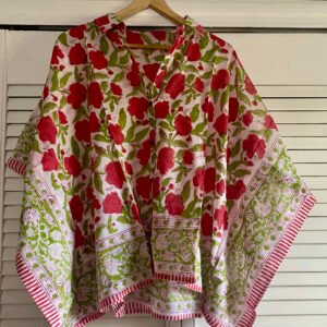 Soft Mul-Cotton Kaftan Shirt-Floral Block Print from Rajasthan- Cream with red and green