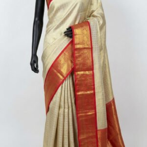 Kanchipuram Pure Silk Saree - Off-White & Crimson Red with Peacock Zari Border