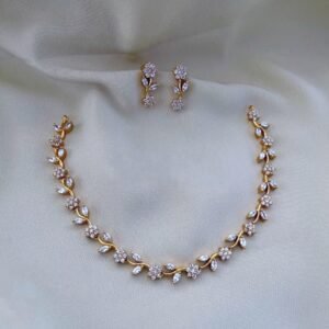Dainty floral white stone cubic zirconia short necklace with earrings