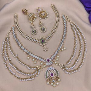 South Indian Temple-Cubic Zirconia Necklace Sets with Earrings and Earring Hair Chains