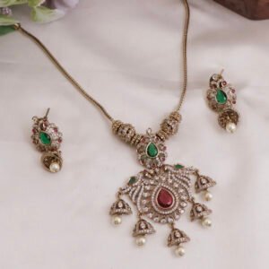 Short Victorian Cubic Zirconia Peacock Necklace with Mini Jhumkas