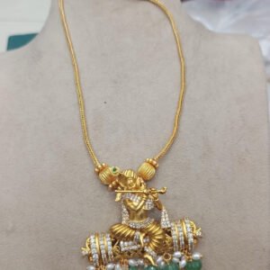 Teal Krishna Temple Jewelry and Cubic Zirconia Gold Chain Necklace