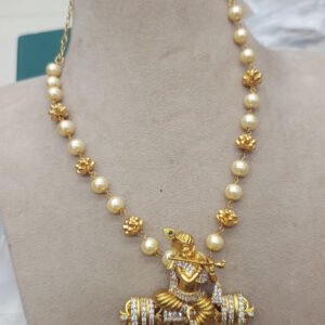 Teal Krishna Temple Jewelry and Cubic Zirconia Pearl Chain Necklace