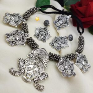 Durga Maa Oxidized Silver Necklace with Earrings and Adjustable Ring