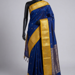 Silk Blend South Indian Saree- Dark Blue and Mustard Border